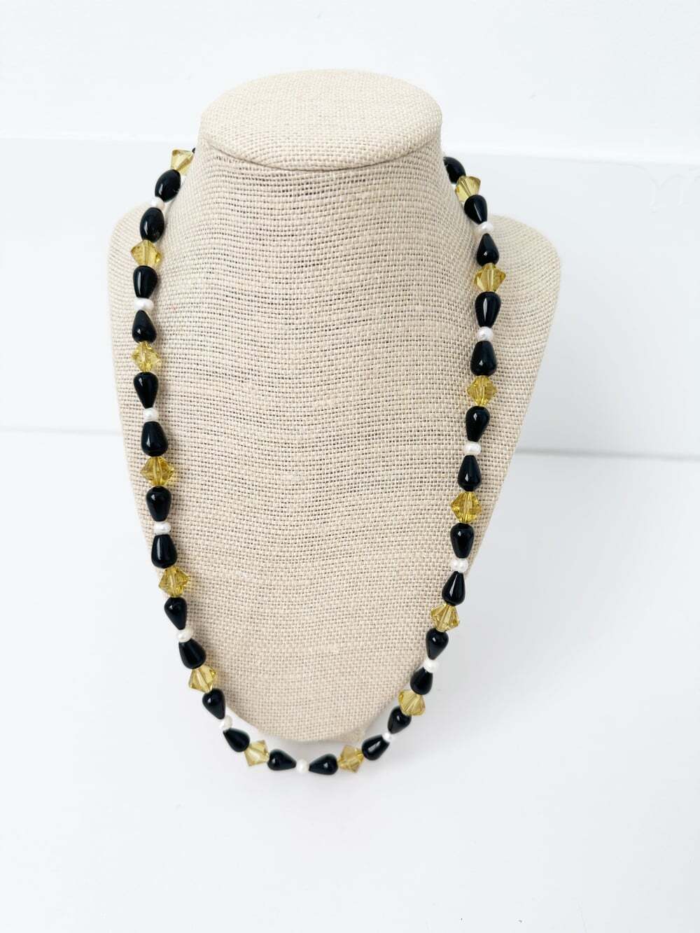 NWT Genuine Black Onyx, Crystals & Pearls Necklace Yellow Black White Beaded
